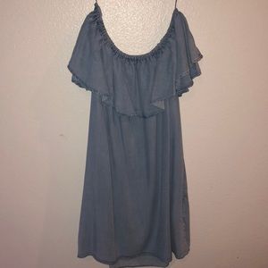 Zara Dresses - Zara Ruffles Off-the-shoulder Chambray Mini Dress Zara Dresses - Zara Ruffles Off-the-shoulder Chambray Mini Dress